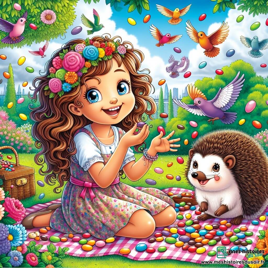 Lila, une fille de 12 ans aux cheveux châtains et bouclés, est assise sur un tapis de pique-nique coloré dans son jardin, souriant largement, les bras levés, entourée de bonbons multicolores qui tombent du ciel. À ses côtés, un hérisson aux piquants ébouriffés roule joyeusement, attrapant des bonbons. Le jardin est rempli de fleurs éclatantes et d'arbres verdoyants sous un ciel bleu avec des nuages blancs, tandis qu'un groupe de pigeons colorés danse autour d'eux, créant une ambiance joyeuse et magique.