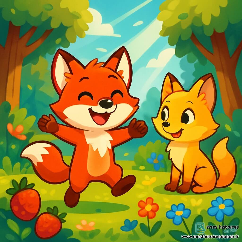 Un petit renard aux poils roux éclatants, avec de grands yeux brillants et un sourire chaleureux, se tient au centre d'une clairière ensoleillée, entouré de fleurs colorées et de baies juteuses. Il exprime une joie rayonnante, prêt à sauter de bonheur. À sa droite, une renarde au pelage doré, avec des yeux pétillants et un air curieux, l'observe avec un sourire amical, prête à partager des aventures. Le décor est une forêt verdoyante, baignée de lumière dorée, avec des arbres majestueux et un ciel bleu parsemé de nuages blancs. La scène montre Félix et sa cousine Lila jouant ensemble, symbolisant l'amitié et la découverte des émotions.