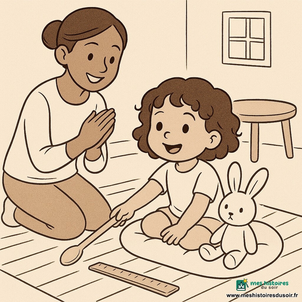 Fille de 2 ans aux cheveux courts bouclés, regard brillant et sourire confiant, assise sur un petit coussin et tendant la main pour attraper une cuillère brillante posée près du tapis; maman d’environ 30 ans, chignon, sourire doux, agenouillée derrière la fillette à gauche et applaudissant doucement; doudou lapin blanc aux longues oreilles posé sur le coussin, yeux cousus; cuisine cosy avec table basse ronde, tapis à larges rayures, une règle en bois utilisée comme baguette entre la fillette et la cuillère, murs clairs et petite fenêtre carrée laissant entrer une lumière douce; scène de découverte et de joie où la fillette pousse la cuillère hors du tapis, composition claire, traits nets et rendu tendre pour un tout-petit.