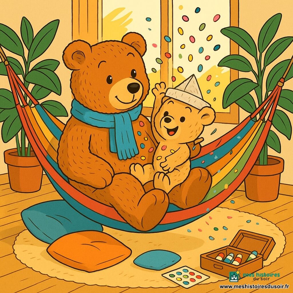 Baptiste, grand ours en peluche marron clair au regard doux et protecteur, écharpe bleu ciel, assis dans un hamac coloré en tenant son petit frère Léo ; Léo, petit ours plus clair, joues rondes et sourire malicieux, chapeau en papier froissé, lance des confettis multicolores depuis le hamac ; deux grandes plantes vertes en pots penchées comme pour applaudir à gauche et à droite ; salon chaleureux à plancher clair, tiroir à crayons ouvert avec tubes de peinture et gommettes visibles, soleil doré par la fenêtre, coussins et tapis sous le hamac ; pluie de confettis rose, jaune, bleu et vert, hamac légèrement penché, ambiance joyeuse et tendre, mouvement marqué, couleurs vives et contours nets style bande dessinée.