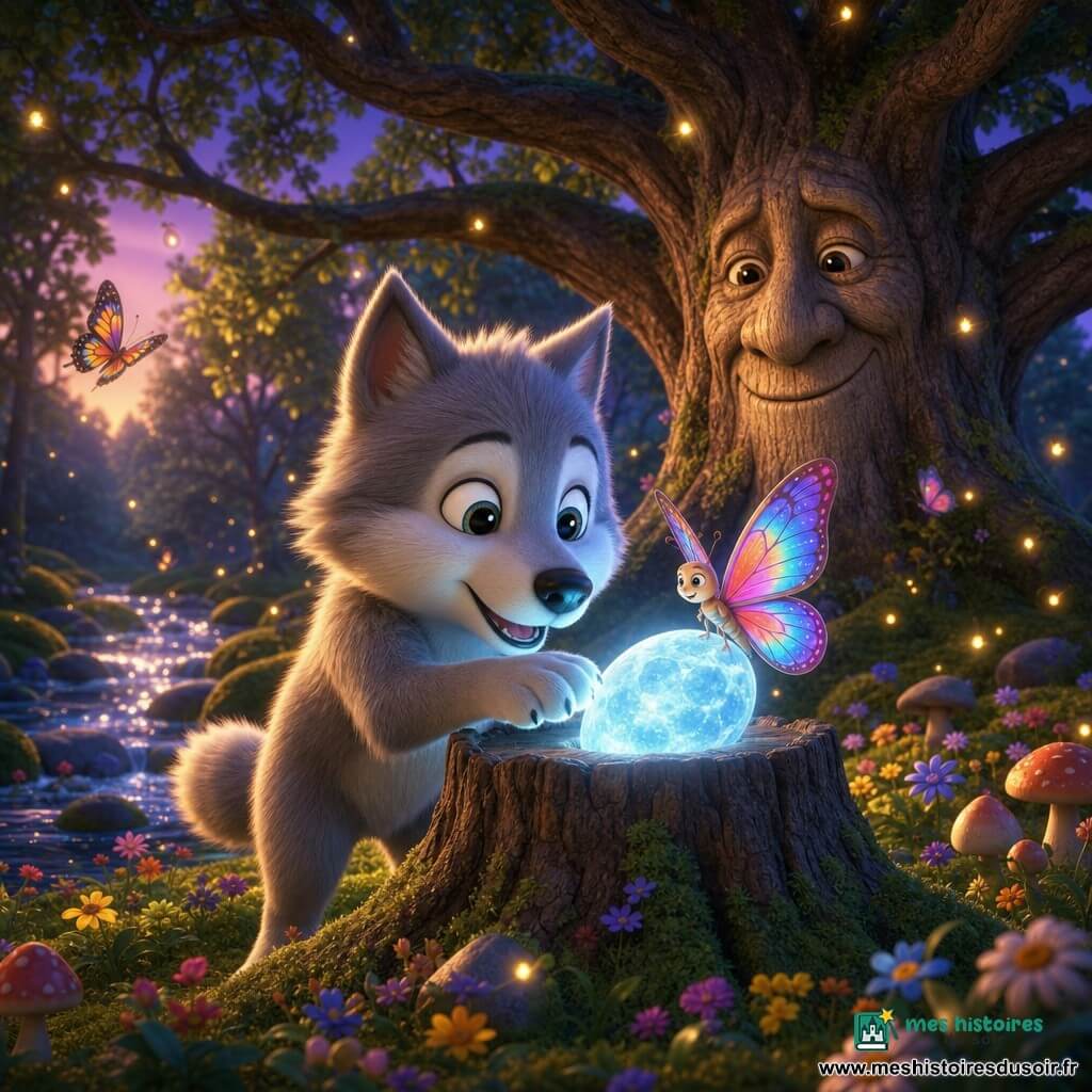 Petit Loup, un jeune loup gris à la fourrure duveteuse et aux grands yeux brillants, découvre avec émerveillement une petite pierre lumineuse bleutée dans une souche pendant un crépuscule doux, un papillon aux ailes irisées se pose dessus tandis qu'un vieux chêne au visage bienveillant veille en arrière-plan, la clairière moussuë parsemée de fleurs, de champignons et de lucioles bordée d'une rivière aux pierres argentées complétant l'atmosphère chaleureuse.