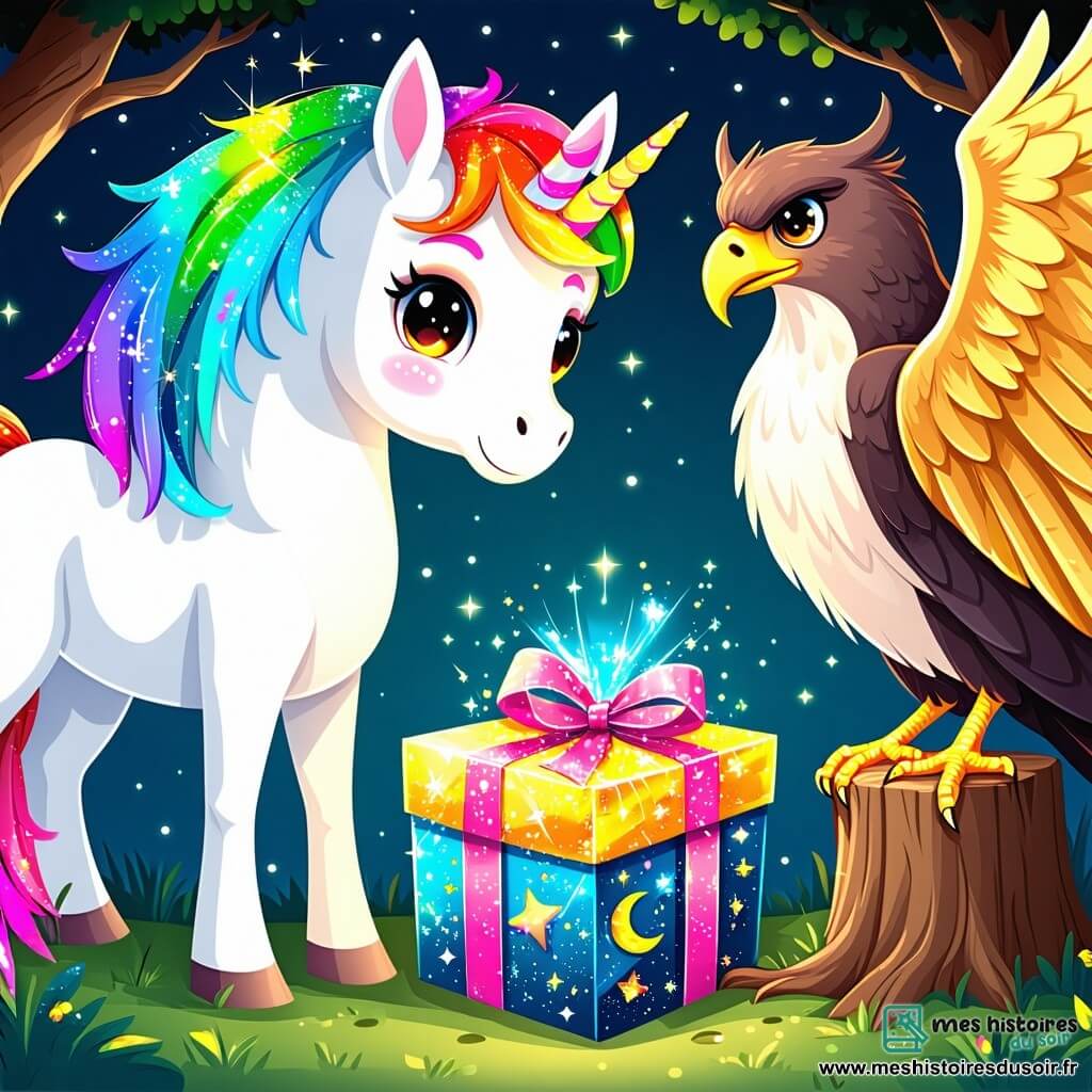 Au centre de l'image, Lucie, la licorne, a une crinière arc-en-ciel et des yeux pétillants. Elle est sur une souche d'arbre, regardant une grande boîte ornée d'étoiles. À sa droite, Gaston, le griffon aux plumes dorées, survole la scène avec un sourire enthousiaste. À gauche, Luna, la petite fée, vole autour de la boîte, laissant une traînée de paillettes dorées. Le décor est une clairière enchantée avec des arbres épais et des fleurs multicolores. Lucie, Gaston et Luna sont réunis autour de la boîte, prêts à découvrir le trésor caché à l'intérieur.