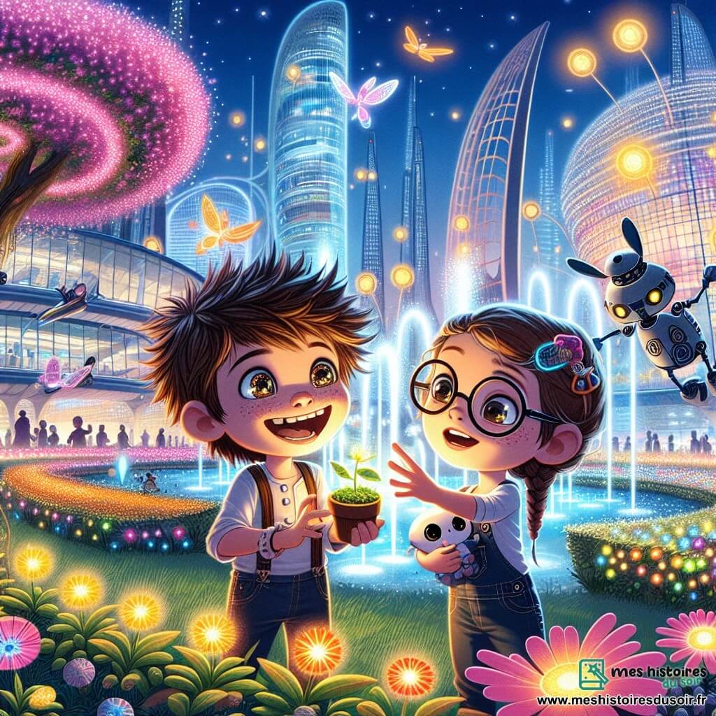 Dans un parc futuriste de Novaopolis, deux enfants, Timéo et Zoé, se tiennent au centre de l'image. Timéo, un garçon de cinq ans avec des cheveux bruns et des yeux curieux, sourit en tenant un petit robot. Zoé, avec des cheveux blonds tressés et des lunettes rondes, admire les fleurs brillantes autour d'eux. Le parc est rempli de fontaines colorées et d'arbres aux feuilles lumineuses. En arrière-plan, des immeubles en verre scintillent et des voitures volantes glissent dans le ciel. Timéo et Zoé plantent des fleurs magiques avec des robots jardiniers, créant un jardin éclatant qui purifie l'air et embellit la ville, symbolisant leur amitié et la magie de leur aventure.