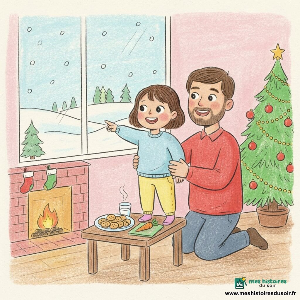 Fille de 2 ans excitée, cheveux bruns courts, joues roses, grands yeux, sur la pointe des pieds montrant la neige par une grande fenêtre où tombent des flocons; père d'environ 35 ans, souriant, barbe courte, chemise rouge, agenouillé à côté d'elle, la tenant par les épaules; sur la table biscuits dorés et verre de lait, une carotte sur une serviette verte; sapin de Noël décoré de boules rouges et guirlandes dorées, cheminée basse avec petite flamme et chaussettes suspendues; ambiance intérieure chaude aux couleurs pastel, traits de crayon et textures papier, lumière douce et reflets sur la vitre.