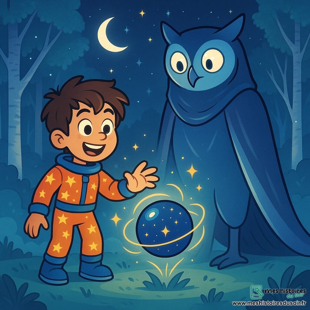 Un garçon nommé Léo, âgé d'environ 12 ans, se tient au centre d'une clairière éclairée par la lune. Il a des cheveux bruns ébouriffés, des yeux curieux et un large sourire. Il porte une combinaison spatiale colorée avec des motifs d'étoiles et tend la main vers une sphère bleue entourée de filaments dorés. À ses côtés se trouve un Gardien Lunaire, grand et majestueux, avec des yeux brillants et une cape de lumière argentée, qui l'observe avec respect. La clairière est enchantée, entourée d'arbres argentés et de feuilles luminescentes, avec une brume légère et des étoiles scintillantes dans le ciel. Léo découvre l'artefact magique au centre de la clairière, tandis que le Gardien l'encourage. L'atmosphère est empreinte d'émerveillement et de promesses d'aventures futures.
