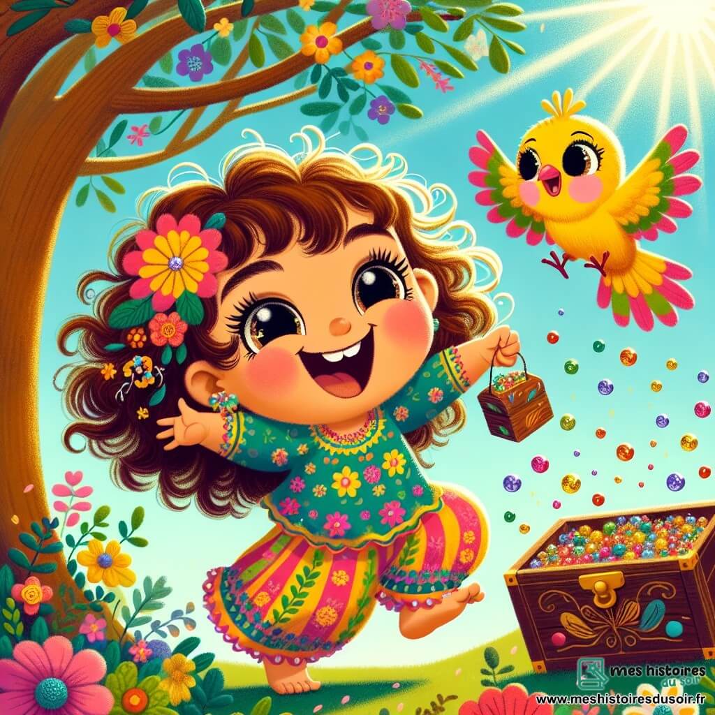 Lila, une petite fille d'un an aux grands yeux pétillants et aux cheveux bouclés châtains, sourit avec émerveillement en portant une robe colorée à fleurs et tenant un coffre en bois rempli de pierres brillantes. Son ami, Titi, un oiseau jaune vif, vole joyeusement autour d'elle en chantant. Ils se trouvent dans un jardin ensoleillé, rempli de fleurs multicolores et d'un grand arbre majestueux. Lila et Titi viennent de découvrir un trésor caché sous l'arbre et dansent de joie, leurs cœurs débordant d'aventure et d'amitié.