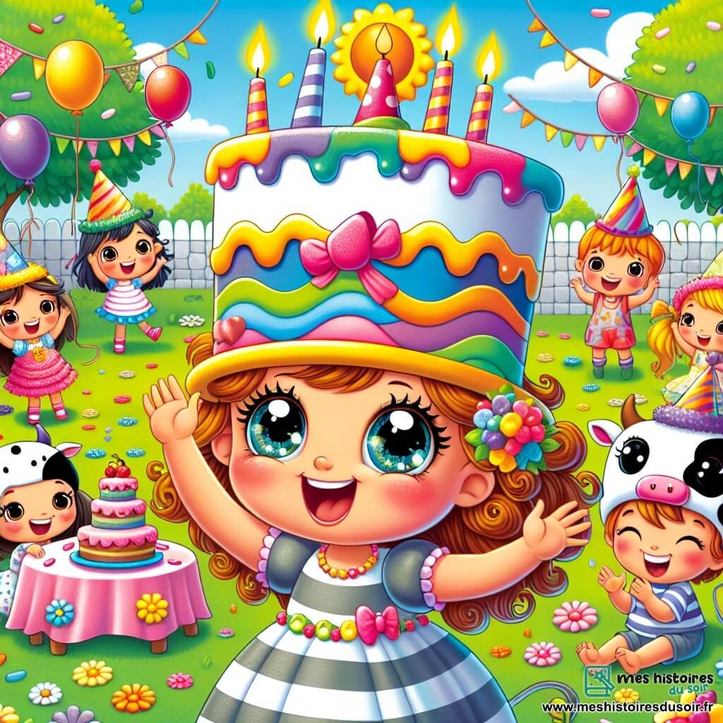 Lila, une petite fille de 4 ans aux grands yeux pétillants et cheveux bouclés, porte un chapeau en forme de gâteau coloré et sourit joyeusement au milieu d'un groupe d'enfants. Un garçon de 5 ans avec un chapeau en forme de vache rit en lançant son chapeau, tandis qu'une autre fille de 4 ans avec un chapeau en forme de nuage applaudit avec enthousiasme. La scène se déroule dans un jardin ensoleillé, rempli de fleurs colorées et de ballons, avec des guirlandes de papier décorant les arbres et une table chargée de gâteaux. Lila et ses amis dansent et échangent leurs chapeaux, créant une ambiance joyeuse et festive.