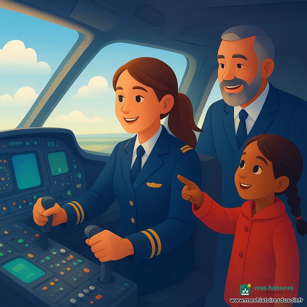 Femme pilote Camille au centre, visage souriant et concentré, peau claire, cheveux châtain en queue de cheval, uniforme bleu marine à insignes dorés, mains sur le manche dans un cockpit détaillé aux panneaux colorés, boutons argentés et écrans verts et bleus ; copilote Jean, ~50 ans, barbe grisonnante, regard bienveillant, uniforme assorti, se tenant légèrement derrière à droite, main sur une tablette, souriant ; petite fille d'environ 7 ans aux tresses et manteau rouge dans l'allée près de la porte ouverte du cockpit, yeux émerveillés pointant vers les nuages ; vue par le pare-brise sur ciel clair et gros nuages blancs au-dessus de champs en patchwork, ambiance chaude et rassurante, contrastes doux, lignes claires et textures lisses évoquant confiance et magie du vol.