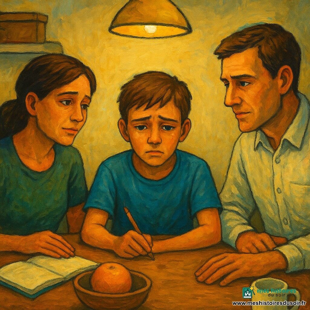 Garçon de 12 ans au regard mélancolique et yeux larmoyants, t-shirt bleu, assis à une table de cuisine avec un crayon entre les doigts et une clémentine devant lui; mère d'environ 38 ans au visage fatigué mais doux, main posée sur un cahier ouvert, légèrement tournée vers lui; père d'environ 40 ans au regard rassurant et mâchoire serrée, main sur la table comme pour expliquer; petite cuisine chaleureuse et sobre (mur crème, bol de fruits, lampe jaune), silence chargé et compassion visible, composition centrée sur visages et mains pour souligner l'émotion intime.