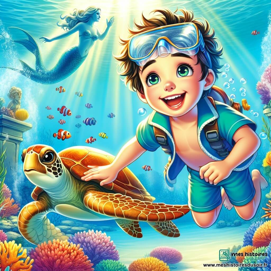 Un garçon de 10 ans, Louis, aux cheveux ébouriffés et aux yeux curieux, nage joyeusement sous l'eau avec un sourire émerveillé. Il porte une combinaison de plongée bleue trop grande pour lui. À ses côtés, une tortue de mer majestueuse, ornée de motifs dorés, nage gracieusement. La scène se déroule dans une clairière sous-marine éclairée par des rayons de soleil, illuminant des coraux colorés et des poissons éclatants. Au fond, une statue de sirène, à moitié enfouie dans le sable, les observe. Louis, émerveillé par la beauté de son environnement, suit la tortue et découvre un monde magique rempli de couleurs vives et de mystères sous-marins.