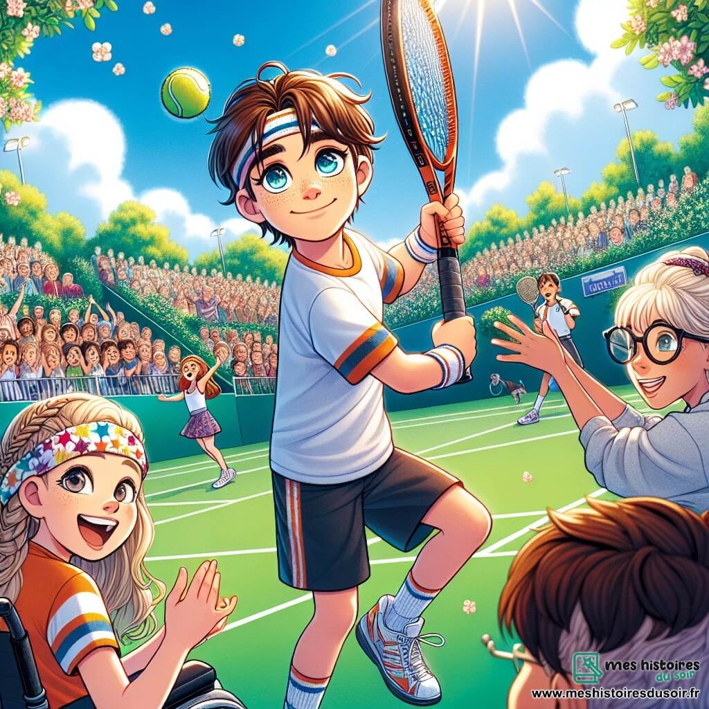 Lucas, un garçon de douze ans aux cheveux bruns et aux yeux pétillants, se tient au centre du terrain de tennis, raquette à la main, prêt à frapper une balle. À sa droite, Clara, une fille souriante avec des cheveux blonds en tresse, l'encourage avec enthousiasme. À gauche, Antoine, un garçon en fauteuil roulant, porte des lunettes et un t-shirt de tennis, brandissant une pancarte de soutien. Le terrain est entouré de verdure et de spectateurs applaudissant. Le ciel est bleu et ensoleillé, créant une ambiance joyeuse. La scène représente un moment crucial d'un match, où Lucas et Clara se préparent à remporter un point, illustrant l'esprit d'équipe et la passion pour le sport.
