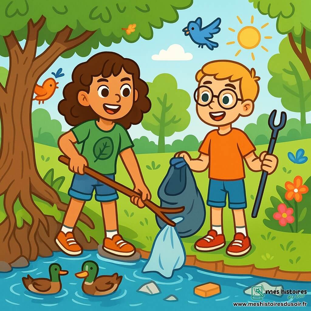 Une fille de 12 ans, Lou, aux cheveux châtains bouclés et aux yeux déterminés, se tient au bord d'un ruisseau, un sourire fier sur le visage. Elle porte un t-shirt vert à motif de feuille et un short en jean, tenant une branche pour retirer un sac plastique coincé dans les racines d'un arbre. À ses côtés, son ami Léo, également âgé de 12 ans, aux cheveux blonds et lunettes rondes, l'encourage avec admiration, tenant une pince à déchets. Le parc est verdoyant, avec des arbres majestueux, des fleurs colorées et un ruisseau scintillant. Lou et Léo sont déterminés à nettoyer le ruisseau, symbolisant leur engagement pour la protection de l'environnement.