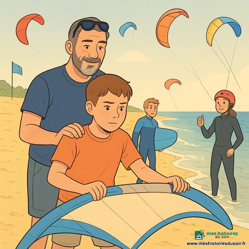 Malo, 12 ans, visage rond et taches de rousseur, châtain court, concentré et légèrement fier, tient le bord d'attaque d'une aile de kitesurf beige et bleu, jambes écartées sur le sable humide; Karim, ~45 ans, barbe poivre et sel, sourire calme, lunettes sur la tête, se tient derrière lui la main rassurante sur l'épaule; Lina, ~12 ans, cheveux longs attachés, combinaison noire et casque rouge, est dans l'eau peu profonde tenant la barre, pouce levé prête à décoller l'aile; Hugo, ~13 ans, en combinaison bleue, tient une planche au bord de l'eau et regarde Malo avec encouragement. Plage large au sable doré et vagues calmes, ciel clair parsemé de kites colorés (rouge, jaune, bleu), drapeaux et serviettes éparses; ambiance coopérative, gestes précis, lumière douce de fin d'après-midi, style graphique net aux couleurs pastel et textures crayonées.