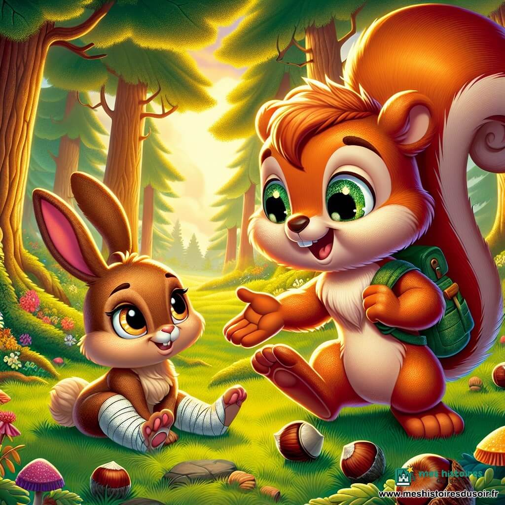 Au centre de l'image, Noisette, un petit écureuil souriant aux yeux pétillants et à la queue flamboyante, tend la patte vers son ami Caramel, un lapin aux grandes oreilles au pelage brun. Caramel, assis sur l'herbe avec une patte bandée, le regarde avec gratitude. En arrière-plan, la clairière de la forêt de Chêne-Vert est illuminée par le soleil couchant, entourée d'arbres majestueux et de fleurs colorées, créant une atmosphère joyeuse. La scène illustre l'amitié et la solidarité entre Noisette et Caramel, alors qu'ils participent aux jeux de la fête de la forêt.