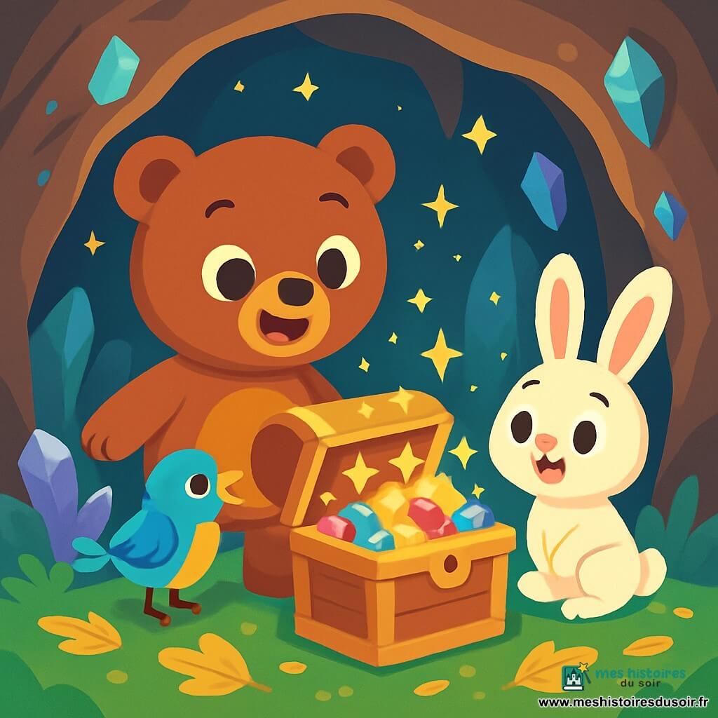 Teddy, un ours en peluche brun aux grands yeux brillants, se tient devant un coffre en bois ancien, souriant avec émerveillement. À ses côtés, un petit oiseau bleu chante joyeusement, perché sur le coffre, tandis qu'un lapin blanc aux grandes oreilles, assis sur l'herbe, les regarde avec enthousiasme. La scène se déroule dans une grotte mystérieuse, illuminée par des lumières scintillantes et ornée de cristaux brillants, avec un sol tapissé de feuilles dorées. Teddy et ses amis découvrent un coffre rempli de pierres précieuses, réalisant que le véritable trésor est l'amitié.