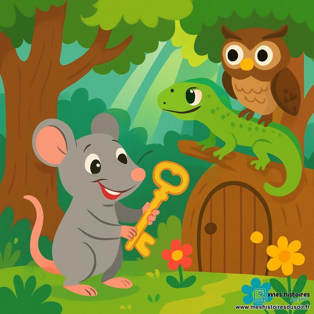 Un rat nommé Rémi, avec un pelage gris et des yeux curieux, tient une clé en or dans ses pattes. Il sourit émerveillé, devant une porte en bois ornée de fleurs. À côté, Léa, la lézarde aux écailles vertes, observe la clé depuis une branche. Gaspard, le hibou aux plumes brunes, les regarde depuis une autre branche. Ils se trouvent dans une forêt enchantée, avec des arbres majestueux et des rayons de soleil. Rémi est sur le point d'ouvrir la porte magique avec la clé, plein d'excitation.