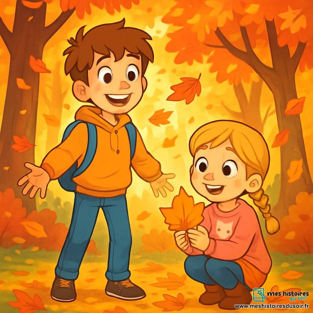 Un garçon de 12 ans, Octave, se tient dans une forêt d'automne, entouré de feuilles dorées et rouges. Il a des cheveux châtains en désordre, des yeux curieux et un grand sourire. À côté de lui, sa sœur Lucie, 8 ans, est accroupie, tenant une feuille brillante, fascinée. La forêt est enchantée, avec des arbres majestueux et un sol recouvert de feuilles mortes. Octave et Lucie ramassent des feuilles colorées, riant et jouant ensemble, tandis que des rayons de soleil illuminent la scène.