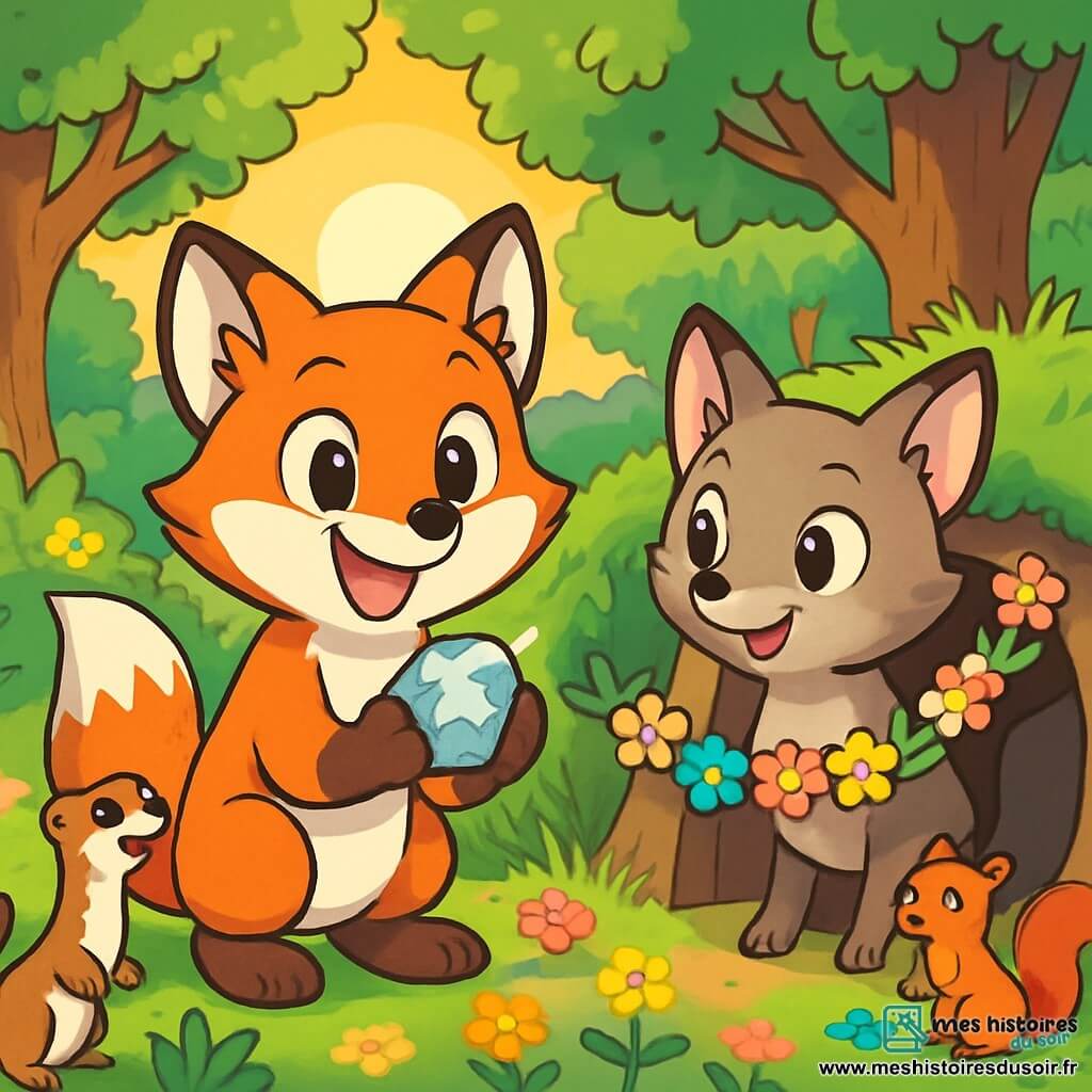 Au centre de l'image, Filou, un jeune renard au pelage roux, sourit joyeusement en tenant une pierre brillante. À ses côtés, Miko, un petit renard au pelage terne, montre timidement une guirlande de fleurs accrochée à son terrier. En arrière-plan, la clairière d'Émeraude est illuminée par le soleil couchant, avec des arbres majestueux et des fleurs colorées. Des animaux de la forêt, comme une belette et un écureuil, se rassemblent autour d'eux, tous souriants et curieux. La scène illustre un moment de partage et de joie, célébrant leur amitié et la beauté de la nature.