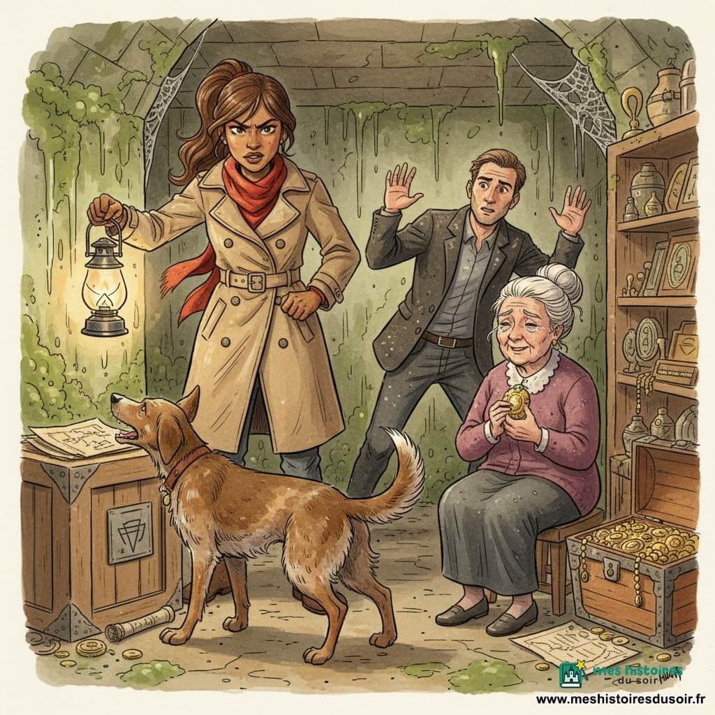 Léa, détective déterminée en trench-coat beige et écharpe rouge, tient une lampe à huile et éclaire un homme suspect surpris et poussiéreux, tandis que Sherlock, chien fidèle au pelage brun, aboie près d’une caisse; Madame Martin, vieille femme aux cheveux blancs, assise, serre une amulette retrouvée; la scène se passe dans une salle souterraine en pierre humide avec caisses, cartes et artefacts dorés, éclairée par la lampe créant de longues ombres — confrontation dramatique mais non violente, ambiance d’aventure et tension apaisée.
