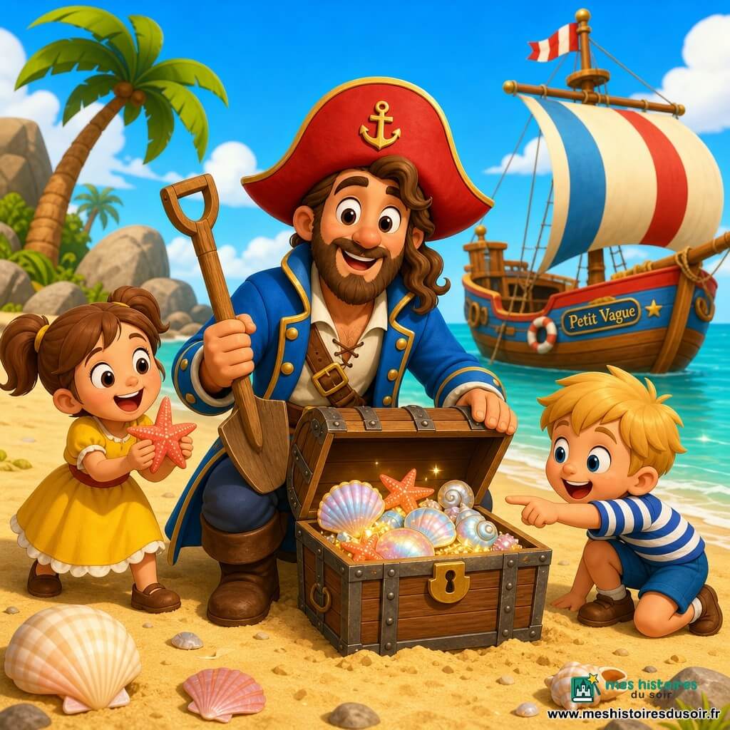 Polo, un pirate joyeux et courageux, porte un manteau bleu vif, un chapeau rouge à petite ancre, une barbe douce et une longue mèche, tient une pelle en bois et montre un coffre ancien ouvert rempli de coquillages nacrés et d’étoiles de mer lumineuses ; à sa droite un garçon d’environ 7 ans, enthousiaste, cheveux blonds courts et marinière rayée, est accroupi et pointe les coquillages, à sa gauche une fille d’environ 6 ans, rieuse, cheveux bruns en couettes et robe jaune, tient une étoile de mer près du sable ; derrière, le petit bateau coloré "Petit Vague" est amarré sur une eau turquoise, drapeau à rayures et voiles arrondies ; l’île est une plage de sable doré parsemée de grandes coquilles, palmiers verts courbés et rochers lisses ; atmosphère lumineuse et chaleureuse, ciel bleu avec quelques nuages, ombres douces et textures lisses et cartoony, composition centrée sur Polo et le coffre en perspective basse à hauteur d’enfant, couleurs vives et contours nets.