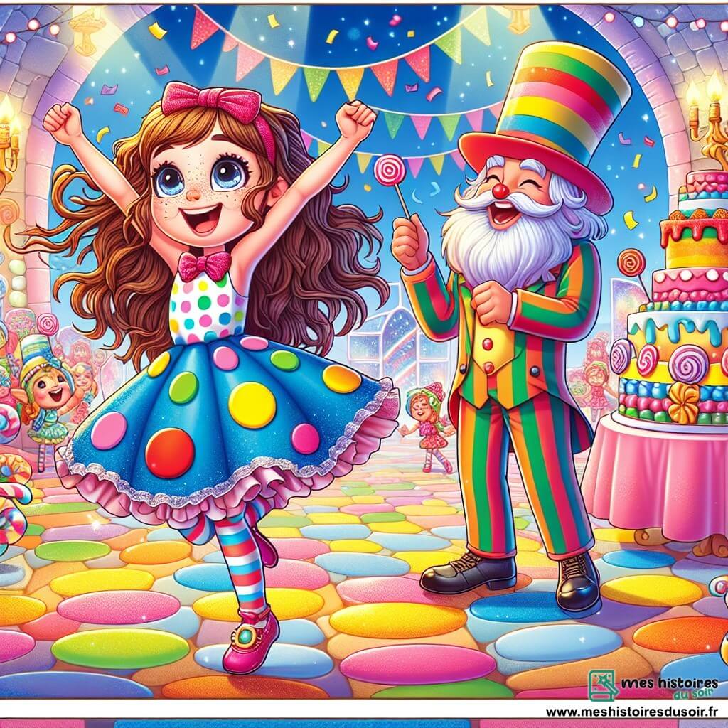 Une fille de 12 ans, Lou, avec de longs cheveux bruns et des yeux curieux, danse joyeusement dans une pièce colorée. Elle porte une robe à pois multicolores et affiche un grand sourire. À ses côtés, le Maestro, un homme barbu en combinaison de bonbon, applaudit avec enthousiasme. Le lieu, le Pays des Délices, est magique, avec des murs en bonbons et des lampes en guimauve. Lou exécute son mouvement de danse, le « tourbillon de la fraise », entourée de créatures fantastiques qui s'amusent, tandis qu'un nuage de sucre d'orge se forme au-dessus d'eux.