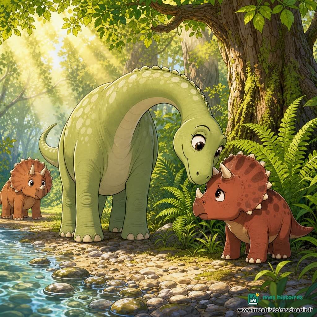 Dina, un diplodocus femelle doux et bienveillant au long cou courbé, peau vert pâle tachetée, yeux ronds et souriants, penche la tête pour réconforter Téo, un petit tricératops perdu et timide aux cornes courtes et robe brun-rouge, yeux grands et inquiets; Léo, un autre tricératops plus petit et curieux, apparaît en arrière-plan à gauche. La scène se déroule au bord d'une rivière claire aux galets luisants, entourée de grandes fougères et d'arbres moussus, avec des rayons de soleil dorés filtrant le feuillage; composition centrée sur le contact des visages, atmosphère chaleureuse et lumineuse, style coloré à traits nets, expressions lisibles pour les enfants.