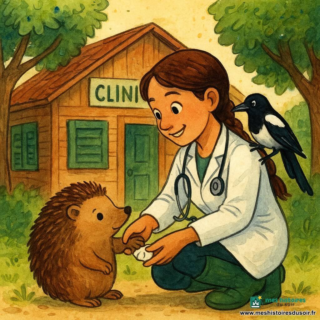 Une vétérinaire, Dr Zoé, souriante et bienveillante, avec une tresse brune, porte une blouse blanche et des bottes vertes. Elle est accroupie devant sa clinique en bois, tenant la patte d'un hérisson. Hugo le hérisson, avec un bandage souriant sur sa patte, regarde Zoé curieusement. Margot la pie, aux plumes noires et blanches, est perchée sur l'épaule de Zoé. La scène se déroule devant une cabane en bois avec des volets verts, entourée d'arbres aux feuilles vertes. Dr Zoé soigne tendrement la patte d'Hugo dans une ambiance chaleureuse sous la lumière du matin.