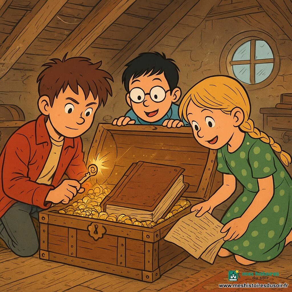 Trois enfants dans un vieux grenier lumineux au bois chaud : Tom (11 ans, cheveux bruns en bataille, veste rouge usée) accroupi à gauche tient une clé brillante, Léa (10 ans, cheveux blonds en tresse, robe verte à pois) à droite tient un vieux journal ouvert sur ses genoux, et Max (11 ans, cheveux noirs courts, lunettes rondes, pull bleu) est derrière le coffre, émerveillé. Ils viennent d'ouvrir un coffre clouté rempli de pièces dorées et de bijoux étincelants; au centre repose un journal cuir usé. Atmosphère intime et secrète, rayons de soleil obliques, poutres apparentes, poussière lumineuse et reflets sur l'or.