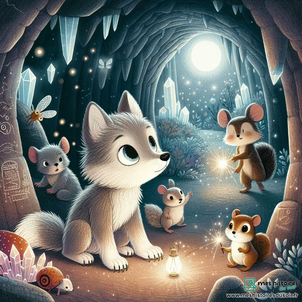 Un petit loup nommé Léo, avec un pelage gris et des yeux curieux, se tient au centre de la scène, souriant. Il est entouré de ses amis : Mimi, une petite souris beige avec des yeux pétillants, qui éclaire la grotte avec une lampe torche, et Tim, un écureuil brun aux joues rondes, qui observe avec émerveillement. La scène se déroule dans une grotte mystérieuse aux murs scintillants de cristaux et de dessins étranges, où la lumière crée des ombres dansantes. Des lucioles illuminent l'entrée, ajoutant une touche magique. Léo, d'abord nerveux, découvre la beauté de la nuit en explorant la grotte avec ses amis.
