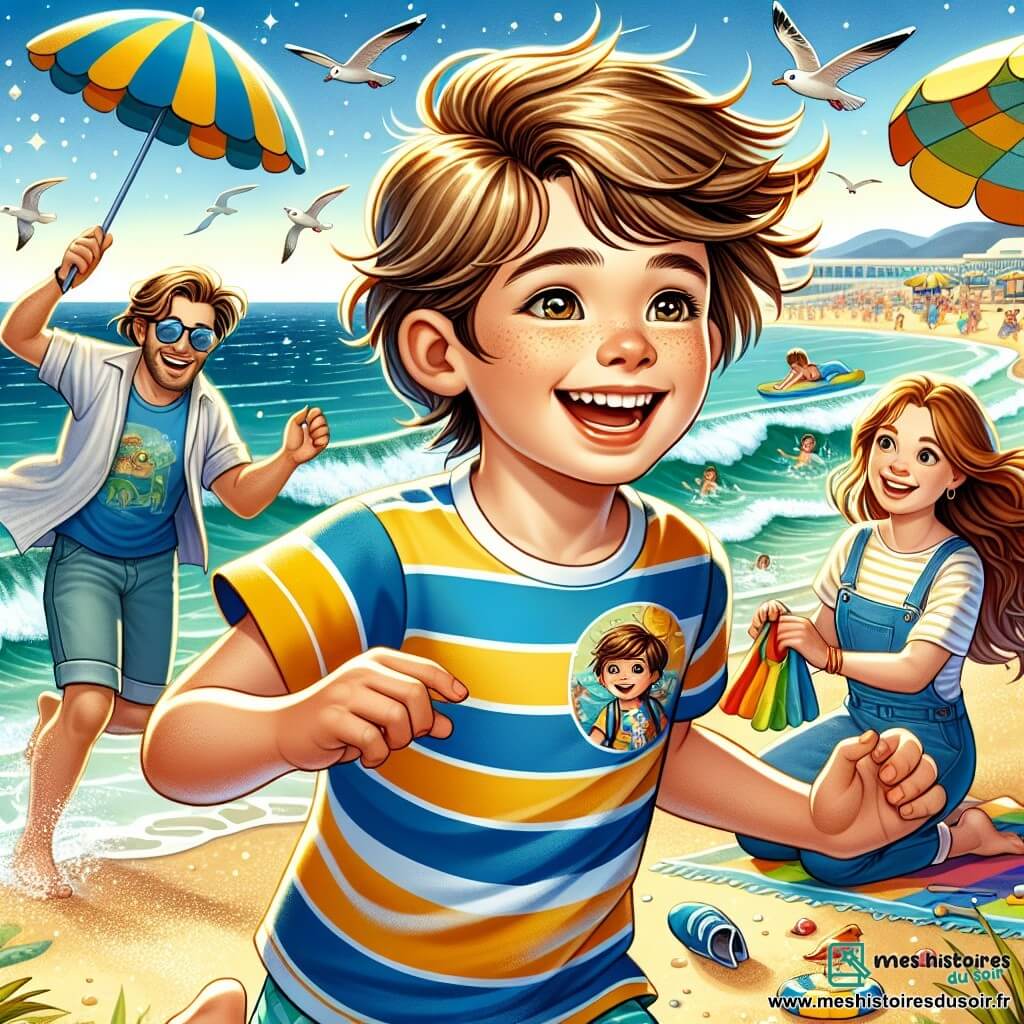 Un garçon de 10 ans, Louis, aux cheveux châtains en bataille et aux yeux pétillants, court sur la plage, souriant, les bras ouverts. Il porte un maillot de bain rayé bleu et jaune et un t-shirt blanc avec un dinosaure. Sa maman, une femme d'environ 35 ans avec des cheveux longs et bruns, sourit en tenant une serviette colorée, tandis que son papa, un homme d'environ 40 ans avec une barbe légère et des lunettes de soleil, construit un château de sable. La plage est ensoleillée avec du sable doré, des vagues turquoise et des parasols colorés. En arrière-plan, des enfants jouent avec des cerfs-volants et des ballons. Louis s'amuse à courir vers l'eau, éclaboussant les vagues, tandis que sa famille l'encourage, créant une atmosphère de bonheur estival.