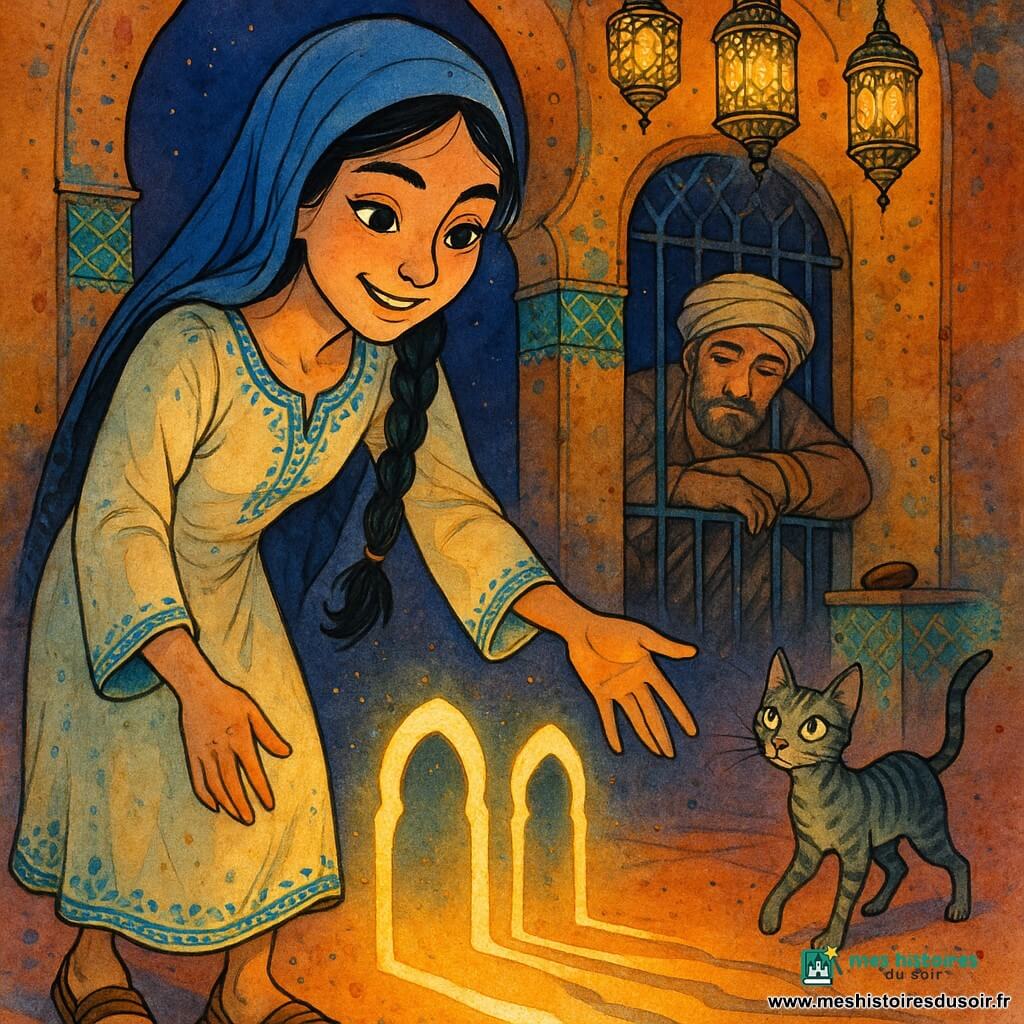 Lune-Perle, visage doux et concentré, sourire malicieux, porte une robe crème brodée de bleu et tend la main vers le sol en déposant une datte comme offrande devant l’une des trois portes d’ombre lumineuse ; un garde assoupi derrière une grille en fer observe somnolent, un chat gris rayé se faufile près de ses sandales, et, au crépuscule, la grande porte du palais aux murs ocres et mosaïques turquoise baigne la scène d’une atmosphère chaude et mystérieuse, rehaussée de reflets dorés et de traits d’encre fluide.