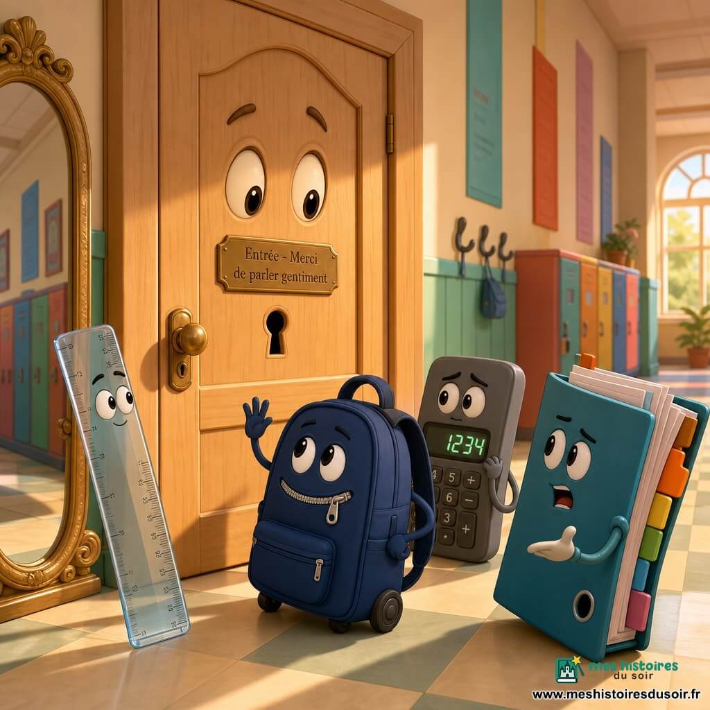 Gabin, un petit cartable à roulettes bleu nuit anthropomorphique à fermeture éclair souriante, roule vers une large porte en bois clair aux nœuds comme yeux, plaque « Entrée – Merci de parler gentiment » et fente-bouche, la main-lanière levée en salut ; à sa gauche une règle transparente et curieuse est inclinée vers la porte, à droite un classeur épais et bavard gesticule avec des feuilles, une calculatrice grise inquiète clignote derrière lui ; le couloir au sol en damier et aux murs décorés baigne dans une douce lumière matinale filtrant par la porte, qui clic et s’ouvre sur un halo chaud tandis que Gabin dit poliment « bonjour, s’il te plaît ».