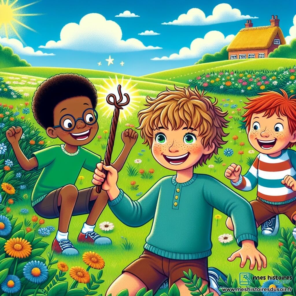 Dans un champ verdoyant, quatre garçons de douze ans se tiennent ensemble, entourés de fleurs colorées et d'un grand chêne. Théo, aux cheveux bruns et aux yeux pétillants, agite une baguette magique en bois, rayonnant d'excitation. À sa droite, Léo, avec des lunettes rondes et des cheveux blonds, rit aux éclats, les bras levés. Max, aux cheveux roux, est accroupi près d'un buisson, surpris, tandis qu'Hugo, le plus grand, observe la scène avec un sourire malicieux. Le champ est ensoleillé avec des fleurs sauvages et un ciel bleu, et au loin, un village pittoresque ajoute une touche de magie. Théo vient de faire apparaître une rivière de chocolat, et les garçons s'apprêtent à plonger leurs mains dans l'eau sucrée, illuminés par la joie, tandis qu'une vache volante passe au-dessus d'eux.