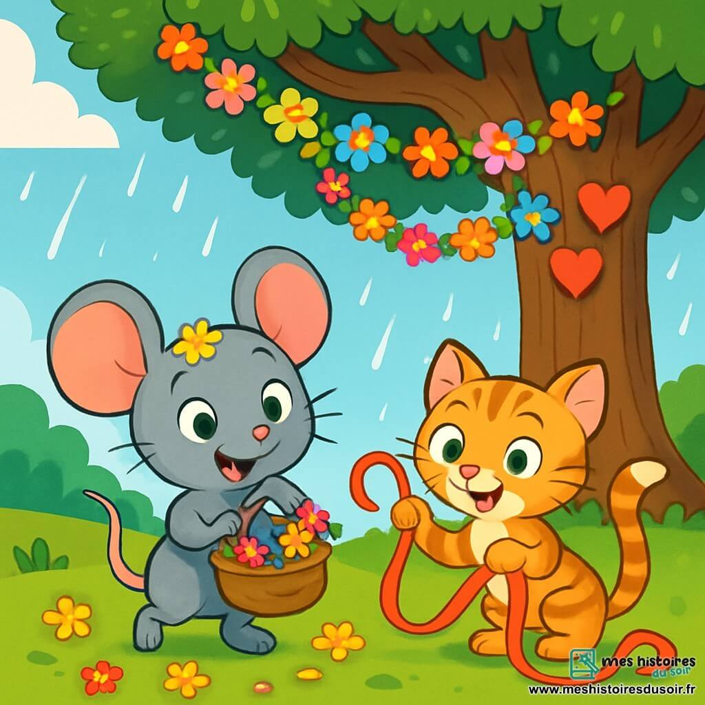 Lili la Souris, petite et mignonne avec un pelage gris et de grandes oreilles rondes, est pleine d'excitation, ses yeux pétillants de joie alors qu'elle tient un petit panier en osier rempli de fleurs colorées. À ses côtés, Miette, le chaton farceur aux poils tigrés et aux yeux verts malicieux, joue avec un ruban rouge. En arrière-plan, un vieux chêne majestueux est décoré de guirlandes de fleurs et de cœurs en papier. La scène se déroule sous un ciel bleu clair, avec des gouttes de pluie qui commencent à tomber. Lili cherche des pétales scintillants pour sa couronne, tandis que Miette s'emmêle dans les rubans colorés.