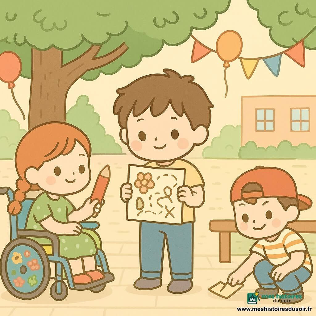 Trois enfants de 10 ans — Sami, garçon aux cheveux bruns en bataille, debout au centre avec une carte; Lou, fille rousse en tresse, assise en fauteuil roulant coloré à gauche, accrochant une affiche fleurie; Paul, garçon aux cheveux châtain et casquette rouge à l’envers, accroupi à droite pour glisser un indice sous un banc — organisent une chasse au trésor sous un grand tilleul dans la cour d’école pavée, décorée de ballons, banderoles et panneaux colorés, ambiance joyeuse aux couleurs pastel et lumière douce de fin d’après-midi.