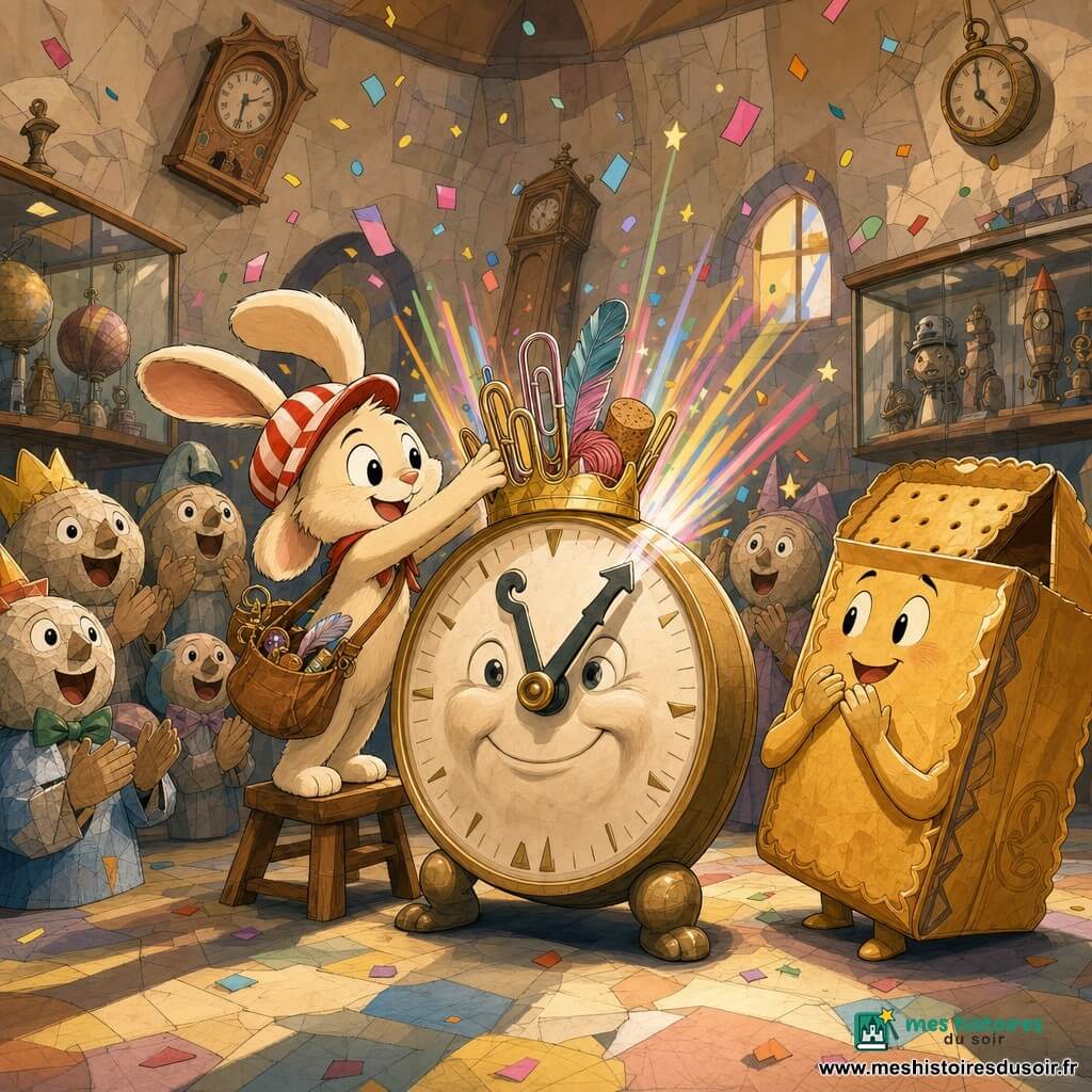 Un petit lapin anthropomorphe, oreilles longues et souples, casquette rayée rouge et blanche et sac en bandoulière rempli de bric-à-brac, pose avec joie et détermination une couronne faite d’un trombone géant, d’une plume, d’un bouchon et de laine sur une grande pendule souriante; à droite, Le Défi-Énorme, créature en forme de coffre à biscuits entrouvert au sourire maladroit et texture biscuit doré, observe avec étonnement et fierté; derrière le lapin, plusieurs petites statues souriantes en papier-mâché applaudissent en demi-cercle; la pendule du possible, grand appareil rond au cadran sculpté et aux aiguilles gelées sur le mot "Impossible", engrenages en laiton et rubans lumineux, commence à vibrer quand la couronne la touche, des faisceaux lumineux colorés jaillissent, les engrenages s’animent et "Impossible" se fissure pour révéler "Possible", tandis que le musée — grande salle aux murs façon carton-pâte, vitrines d’objets insolites, horloges décalées, éclairage chaud pastel, textures gouache, confettis et étincelles — célèbre le triomphe.