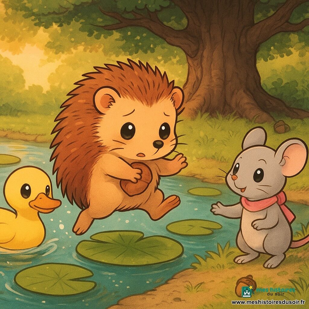 Un petit hérisson roux aux piquants doux, timide mais déterminé, saute sur un nénuphar en tenant une noisette; à gauche, un canard jaune nommé Caramel pousse les vagues pour l'aider, à droite la petite souris grise Miette, écharpe rose, tend une patte amie; en arrière-plan un vieux chêne massif, lumière douce de fin d'après-midi, ambiance paisible et chaleureuse.