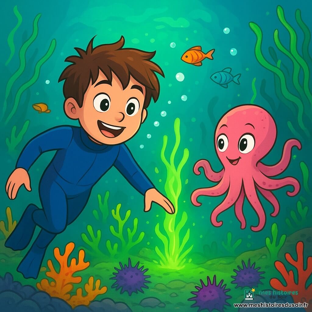 Léo, un garçon de 10 ans aux cheveux bruns en bataille et aux yeux curieux, nage avec enthousiasme dans une eau turquoise. Il porte une combinaison de plongée bleue, contrastant avec les coraux colorés. Son visage exprime joie et émerveillement alors qu'il explore. À ses côtés, Mila, une petite pieuvre aux tentacules roses, danse joyeusement, créant des bulles. Le décor est une salle sous-marine avec des algues phosphorescentes vertes et des poissons colorés. Léo et Mila se dirigent vers une algue rare, entourée d'oursins violets, Léo s'apprête à récupérer l'échantillon avec courage.