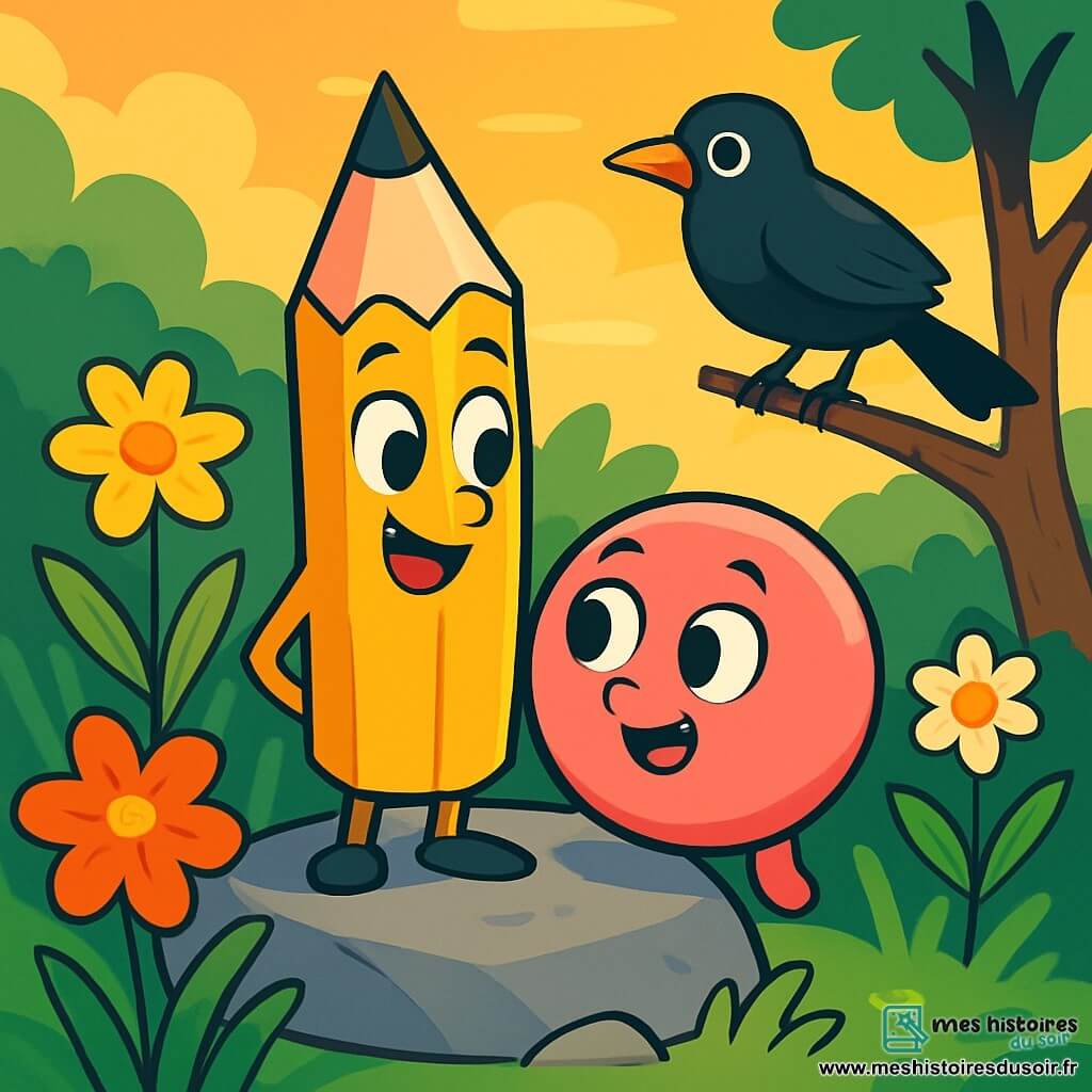 Léo, un petit crayon de bois jaune vif avec une mine pointue, affiche un sourire joyeux dans un jardin luxuriant, entouré de fleurs éclatantes. À ses côtés, Rubis, une gomme rose ronde, a des yeux pétillants et semble prête à explorer. Un merle noir les observe de sa branche, ajoutant de la vie à la scène. Le jardin est éclairé par la lumière dorée du soleil couchant, créant une atmosphère chaleureuse. Léo et Rubis, unis par leur amitié, s'apprêtent à découvrir les merveilles de leur environnement.