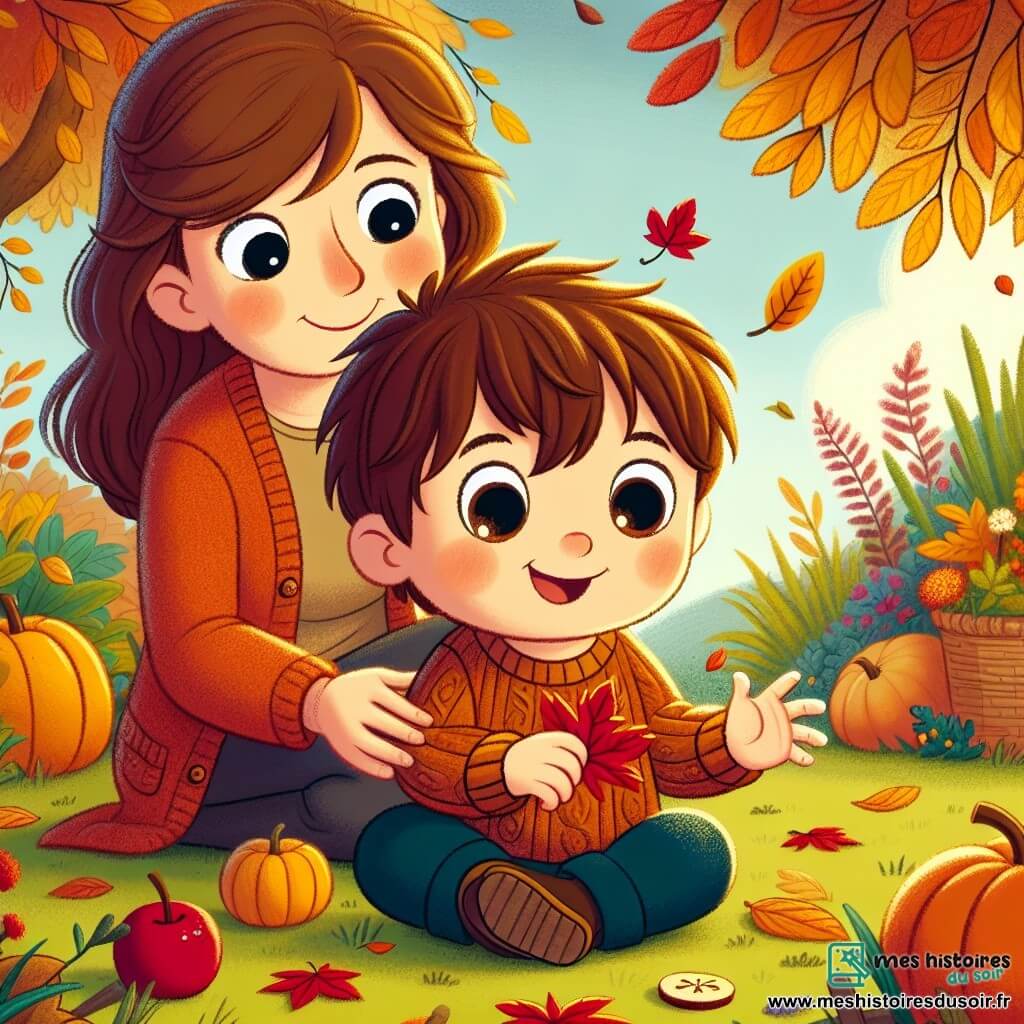 Un petit garçon de 2 ans, Tommy, avec des cheveux bruns en désordre et de grands yeux pétillants, est assis dans un jardin rempli de feuilles d'automne colorées. Il sourit en ramassant une feuille rouge, ses joues roses et ses petites mains pleines de vie. À côté de lui, sa maman, une femme d'environ 30 ans avec de longs cheveux châtains et un pull en laine orange, l'observe tendrement, tenant une pomme brillante prête à lui donner. Le jardin est un tableau d'automne, avec des arbres aux feuilles jaunes, oranges et rouges, et une lumière dorée filtrant à travers les branches. Des citrouilles décorent le sol, ajoutant une touche festive à la scène. Tommy est émerveillé par les couleurs des feuilles qui tombent autour de lui et s'amuse à les ramasser, créant une petite pile de trésors d'automne.
