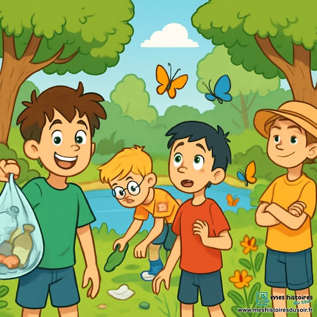 Quatre enfants se trouvent dans une réserve naturelle. Maxence, 12 ans, a des cheveux bruns en désordre et porte un t-shirt vert. Lucas, 12 ans, aux cheveux blonds et portant des lunettes, ramasse une bouteille en verre. Théo, 12 ans, avec des cheveux noirs et des taches de rousseur, admire des papillons colorés. Léo, 12 ans, a des cheveux châtains et un chapeau de soleil, et regarde ses amis avec un sourire. Ils ramassent des déchets tout en appréciant la beauté de la nature, entourés de verdure et de sons d'oiseaux et d'insectes, près d'un étang scintillant.