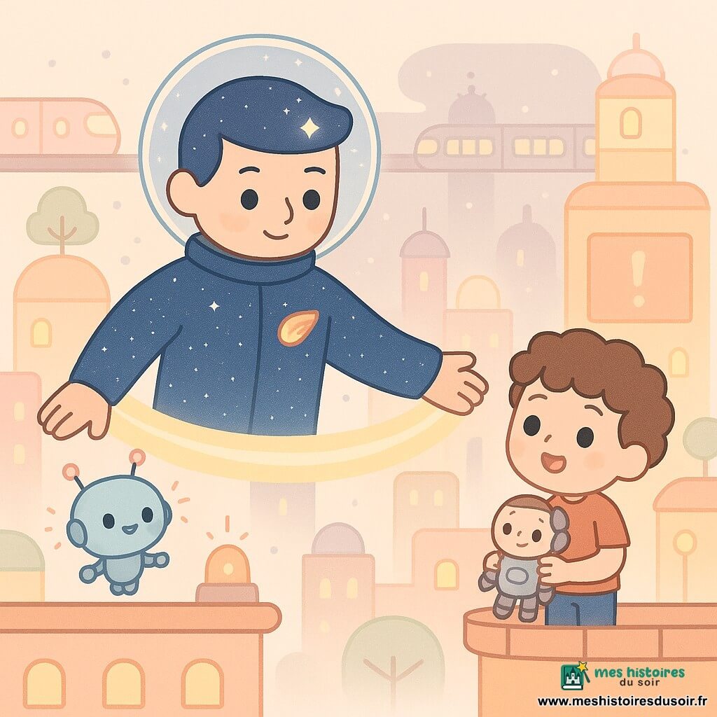 Homme grand, Nova-Maxi, visage déterminé et serein, veste bleu nuit scintillante, casque transparent avec une petite étoile clignotante, badge en forme de comète, il tend les bras et crée un pont de lumière jaune-pastel entre deux balcons; garçon de 8 ans, voisin aux cheveux bouclés bruns, yeux écarquillés et sourire étonné, tenant une peluche robot, observe depuis un rebord; petite robot ronde et amicale bleu clair à antennes clignotantes flotte à la hauteur des épaules et émet de petites étincelles roses; scène sur un balcon de Luminaville aux immeubles arrondis et couleurs pastel, trains suspendus, arbres miniatures sur les toits et un grand écran affichant une alerte orange; situation principale : tension douce — une sirène joue une mélodie étrange, les lampadaires tremblent et Nova-Maxi bâtit un pont lumineux pour relier deux toits et aider les habitants.