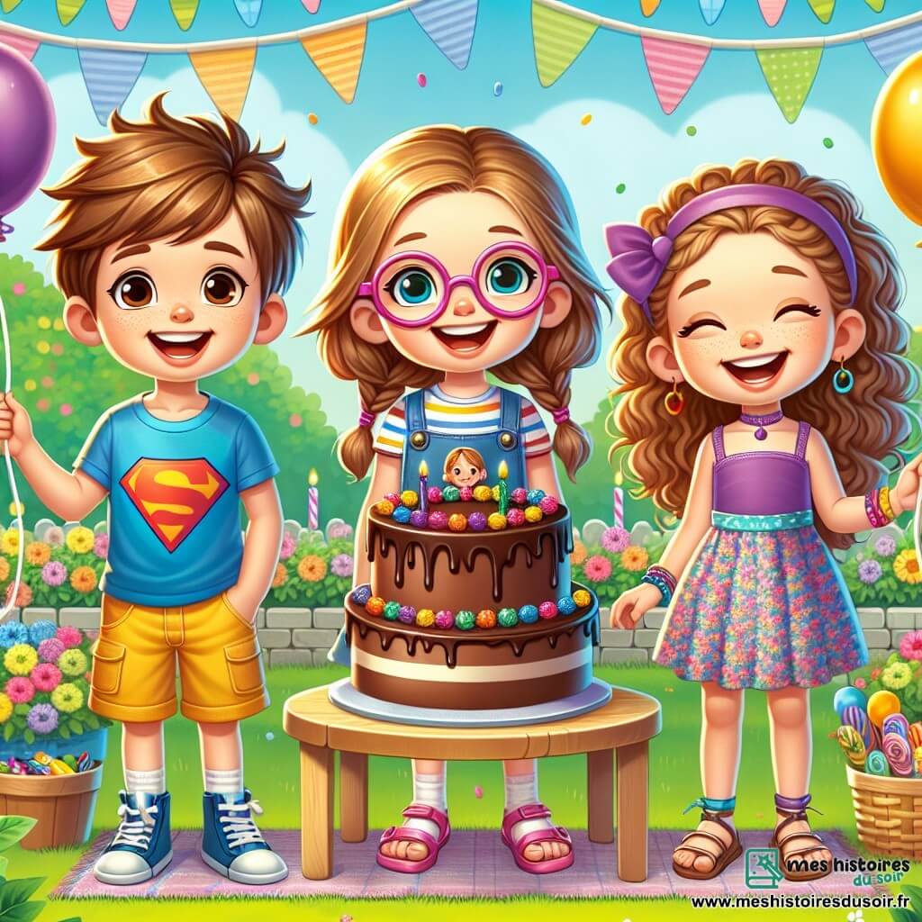Trois personnages principaux sont présents : Lucas, un garçon de 8 ans avec des cheveux bruns en bataille et des lunettes rondes, souriant au centre avec un gâteau au chocolat devant lui. À droite, Léa, une fille de 8 ans aux cheveux blonds tressés et lunettes roses, tient des ballons multicolores. À gauche, Zoé, également âgée de 8 ans, avec des cheveux châtains bouclés et un bandeau violet, rit en tenant un sachet de bonbons. La fête se déroule dans un jardin ensoleillé, décoré de fleurs et de guirlandes, avec une grande table sous un chêne. Les enfants célèbrent l'anniversaire de Lucas, entourés de rires et de décorations, prêts à souffler les bougies.
