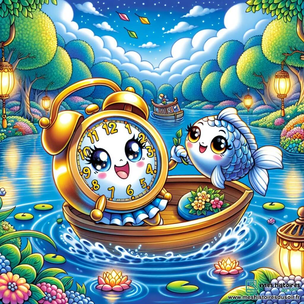 Au bord d'un lac scintillant, une horloge nommée Tic-Tac danse joyeusement sur son bateau, tenant une lettre parfumée. À ses côtés, un petit poisson argenté nage avec entrain, prêt à l'aider. En arrière-plan, le lac est entouré de fleurs colorées et de grands arbres, tandis que des lanternes flottent sur l'eau. Tic-Tac et le poisson voguent ensemble, prêts à livrer une invitation pour une fête de l'amitié, sous un ciel bleu parsemé de nuages.