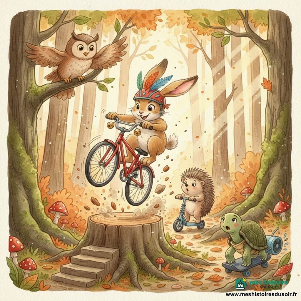 Un lapin-véloci beige aux longues oreilles flottantes, casque orné de plumes et sourire déterminé, effectue un salto aérien sur son vélo rouge à roues brillantes au-dessus d’un large tronc coupé, éclats de bois et poussière volant autour de ses pattes; derrière le tronc, un hérisson aux piquants hérissés, surpris et admiratif, attend sur une trottinette à ressorts, tandis qu’en bas à droite une tortue concentrée sur un skateboard équipé d’un petit ventilateur roule sur un sentier de feuilles; à gauche, le Grand Hibou Sagesse, plumage brun et yeux dorés, perché sur une branche, agite une aile en signalant le départ; la forêt dense et lumineuse — troncs mousseux, tapis de feuilles orangées, champignons rouges à pois blancs, racines en escaliers et rayons de soleil filtrant — amplifie la composition très dynamique, les lignes de vitesse aquarellées et les éclaboussures de terre, créant une atmosphère joyeuse et héroïque.