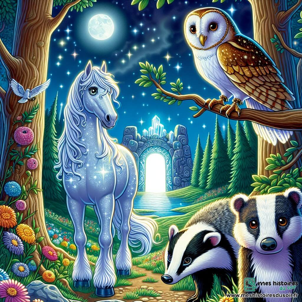 Un majestueux cheval blanc nommé Arion, avec une crinière scintillante, se tient fièrement au centre de la clairière, ses yeux brillants de détermination. À ses côtés, un vieux hibou aux plumes brunes et dorées observe attentivement, et un blaireau bedonnant, avec un pelage rayé, se tient près de l'herbe, prêt à aider. La clairière est entourée de grands arbres aux feuilles vertes, et des rayons de lune illuminent le sol parsemé de fleurs colorées. Au fond, une porte colossale en pierre, ornée de symboles lumineux, s'ouvre lentement, révélant un sanctuaire éclatant. Arion s'avance vers le Cristal de Lumière, prêt à affronter l'ombre menaçante, tandis que ses amis l'encouragent dans leur quête pour sauver leur monde.