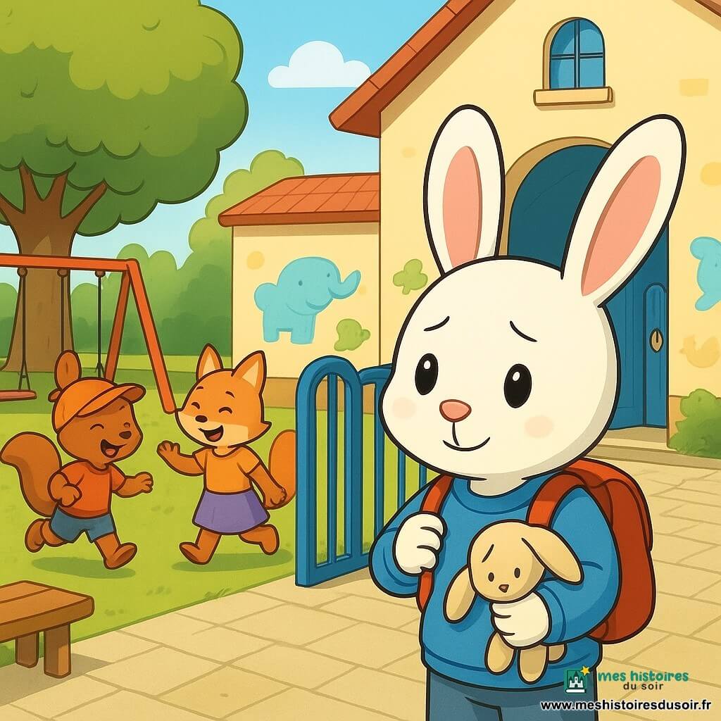 Lino, petit lapin blanc au visage doux, grandes oreilles roses, portant un petit pull bleu, un sac à dos rouge et serrant un doudou beige, est un peu nerveux mais curieux et sourit timidement; derrière lui, Maman Lapin, grande lapine brune en manteau jaune, lui fait signe depuis le pas de la porte; une institutrice lapine en robe verte accueille à l'entrée de la classe, bras ouverts; deux enfants — un écureuil roux à casquette orange et une renarde rousse en jupe violette — jouent près des balançoires à gauche; la scène se passe à l'entrée d'une petite école colorée (portail bleu, murs crème avec fresques d'animaux, cour pavée claire, balançoires rouges, banc en bois et grand arbre vert) : Lino est au portail prêt à entrer, doudou serré, maman l'encourage et d'autres enfants jouent dans une cour ensoleillée et bienveillante.