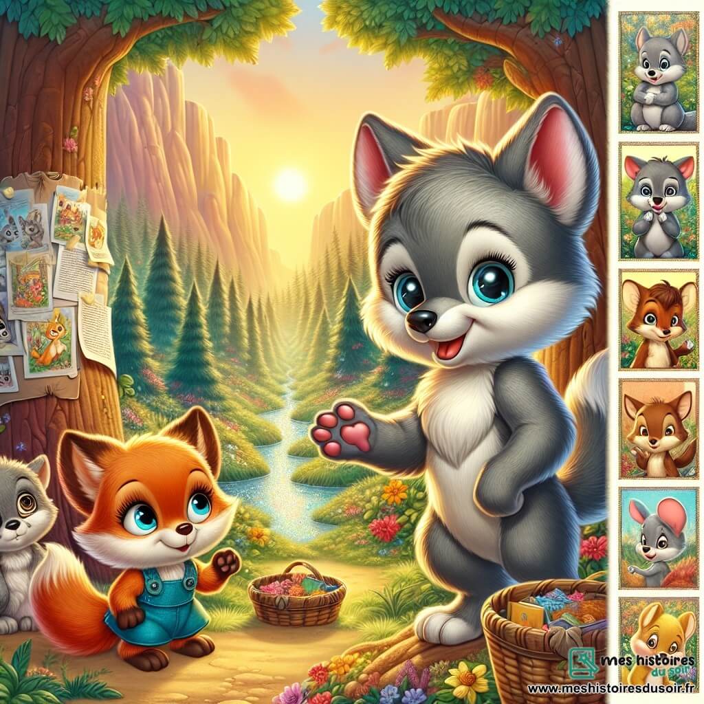 Illustration d'un petit loup aux yeux pétillants et au pelage gris doux, exprimant une grande détermination. Il se tient debout sur ses pattes arrière, les oreilles dressées, souriant chaleureusement, tout en tendant une patte vers un groupe d'animaux autour de lui. À ses côtés, un petit renard au pelage roux éclatant et aux yeux tristes écoute attentivement, semblant hésitant mais curieux. Au fond, une petite souris au pelage brun clair accroche une affiche sur un arbre, son visage rayonnant d'enthousiasme. La scène se déroule dans une forêt enchantée baignée de lumière dorée, avec de grands arbres, des feuilles luxuriantes, des fleurs colorées et une rivière scintillante. Le petit loup encourage ses amis à participer à une collecte pour aider ceux dans le besoin, créant une atmosphère de solidarité. Des paniers remplis de nourriture et de vêtements, des affiches accrochées aux arbres et des visages souriants d'animaux de la forêt illustrent un élan de générosité et d'entraide.