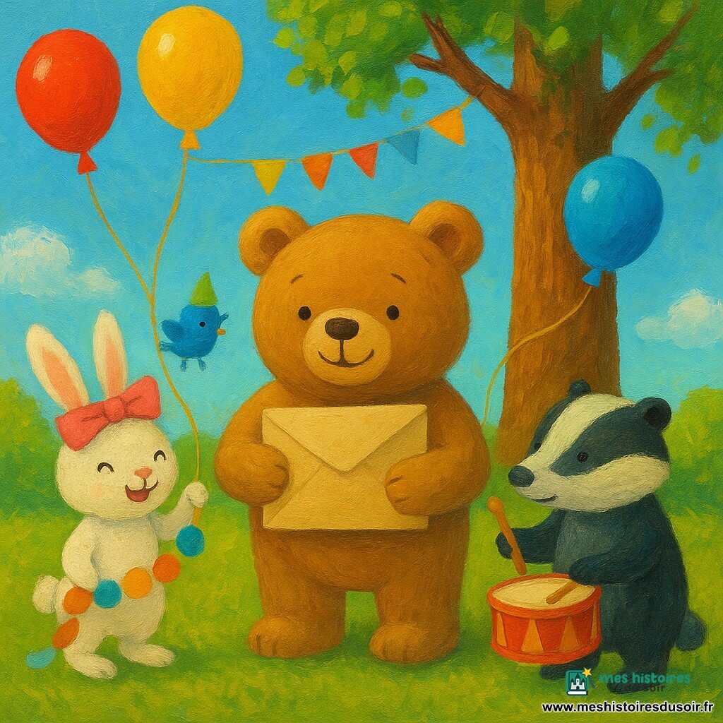 Barnabé, grand ours en peluche brun clair et souriant, tient une grande enveloppe beige contre sa poitrine et la ficelle d'un ballon doré ; à sa gauche Lila, petite lapine blanche aux grandes oreilles et ruban rose, joyeuse, tient le rouleau de papier de la guirlande ; à sa droite Gaston, blaireau trapu rayé noir et gris, tape doucement un petit tambour rouge ; Pio, oiseau bleu minuscule au chapeau vert, vole au-dessus de la main de Barnabé en tenant un ruban. Ils se trouvent dans un jardin herbeux sous un grand chêne décoré d'une guirlande ; une petite table avec un gâteau à la vanille est derrière eux. Ensemble ils lâchent des ballons colorés vers un ciel bleu clair, ficelles encore en main, scène de partage calme aux expressions douces et aux couleurs chaleureuses.
