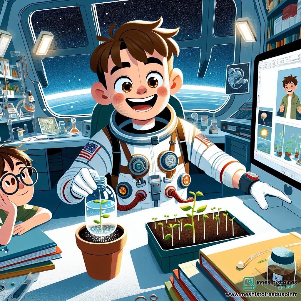 Un astronaute nommé Thomas flotte joyeusement dans une station spatiale, souriant avec curiosité. Il porte une combinaison spatiale blanche avec des détails colorés et tient une petite bouteille d'eau pour arroser des graines de haricot. À côté de lui, Lucas, un garçon de douze ans avec des lunettes, admire son oncle, entouré de livres sur l'espace. La scène se déroule dans une station spatiale moderne, éclairée par des hublots, avec des instruments scientifiques et des plantes flottantes. Thomas montre à Lucas comment arroser les plantes en apesanteur, des gouttes d'eau flottant autour d'eux.